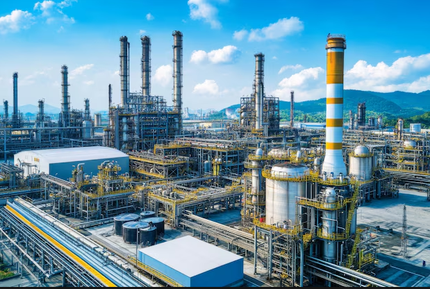 A sprawling chemical manufacturing plant with multiple towers and industrial structures under a clear sky, illustrating the chemical industry's efforts to reduce carbon emissions and promote sustainable growth