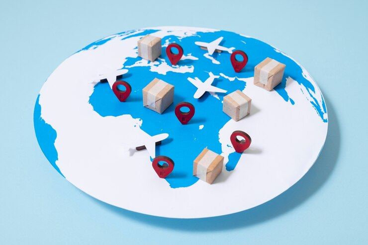 Illustration of global logistics with airplanes, packages, and location markers placed on a world map, symbolizing international trade and supply chain operations.