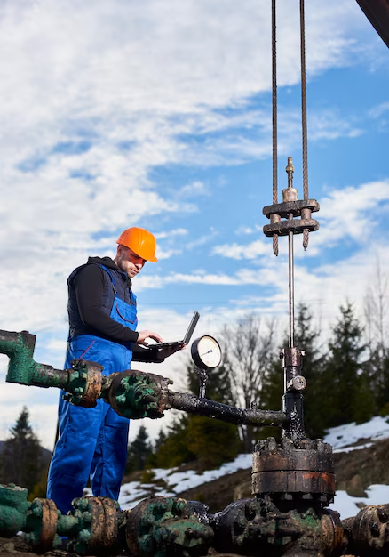 Engineer in protective gear using a laptop while inspecting oil extraction equipment outdoors, with snow-covered ground and trees in the background