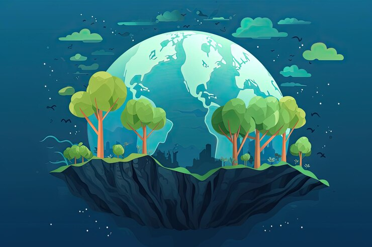 Illustration of Earth floating in space with trees and greenery growing on a suspended landmass, symbolizing environmental conservation and the harmony of nature. The image features soft green and blue tones, with clouds and birds in the background, representing the importance of protecting the planet