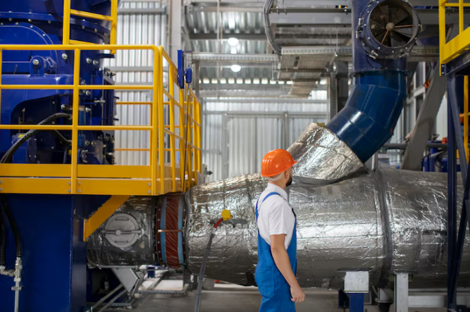 A worker wearing an orange hard hat and blue overalls examines large industrial equipment with insulated pipes in a factory setting. The machinery features metal components and a yellow safety railing.