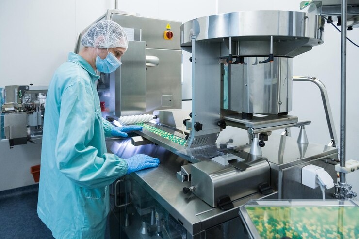 A worker in protective clothing, including a hairnet, mask, and gloves, operates machinery in a pharmaceutical manufacturing facility, overseeing the production and packaging of capsules