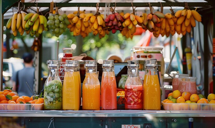 A vibrant fruit juice stall featuring an array of fresh fruits, including bananas, oranges, and grapes, displayed alongside glass bottles filled with colorful juices such as orange, pink, and yellow, in an outdoor market setting