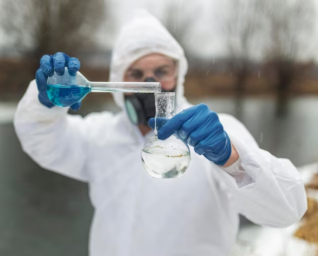 A scientist wearing protective gear, including a white suit, gloves, and a face mask, conducting a water testing experiment outdoors near a water body. The person is holding a flask with clear water in one hand and a test tube with blue liquid in the other, emphasizing scientific analysis and water quality testing.