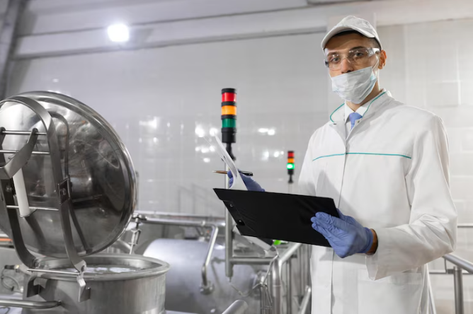 An industrial worker in a white lab coat, cap, face mask, and protective gloves holds a clipboard and pen while inspecting machinery in a food or beverage processing facility, with large stainless steel equipment in the background.